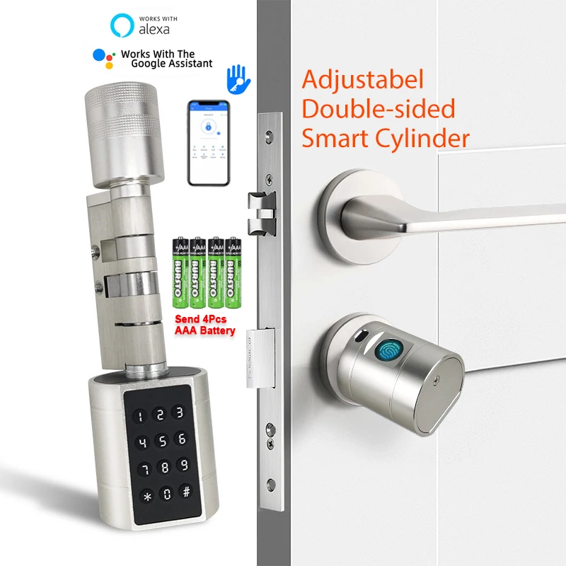 TTLock Keyless Smart Cylinder Fingerprint Lock with 4Pcs AAA Battery Adjustable Length Biometric Fingerprint Door Lock with App