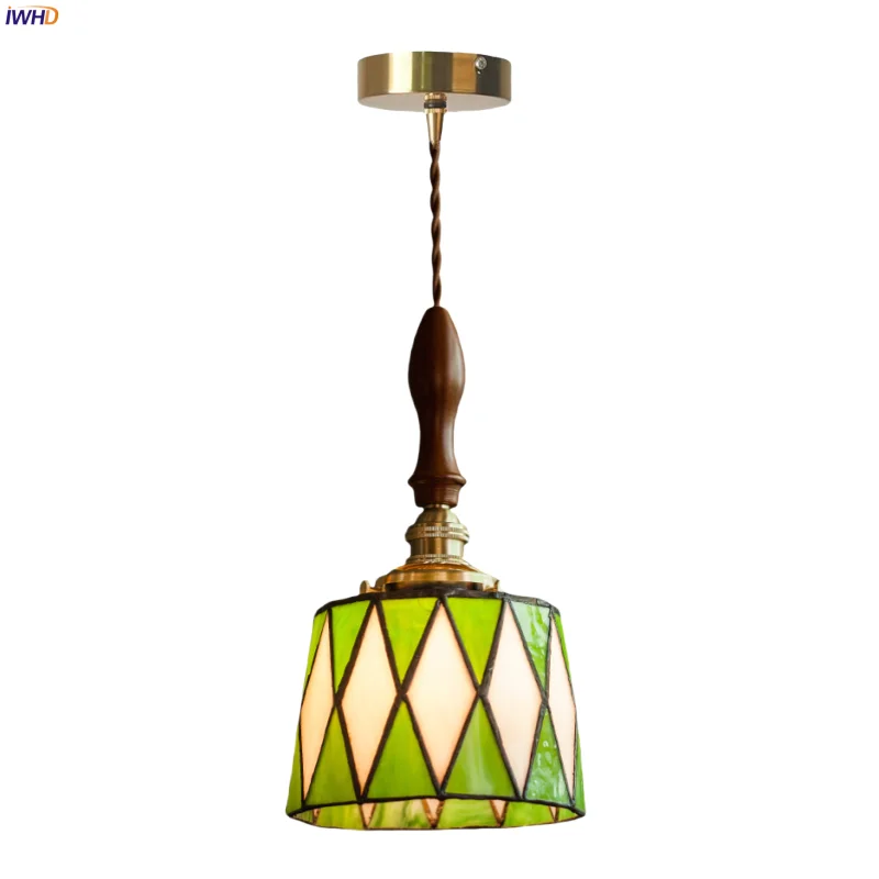 

IWHD Green Patterned Glass LED Pendant Lights Fixtures Bar Cafe Restaurant Living Room Kitchen American Vintage Hanging Lamp