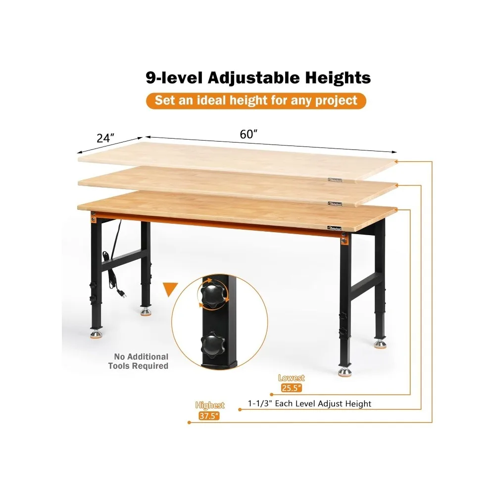 Estación de trabajo resistente con tapa de madera de caucho de 60" con tomas de corriente, capacidad de carga de 2000 libras Trabajo de madera dura