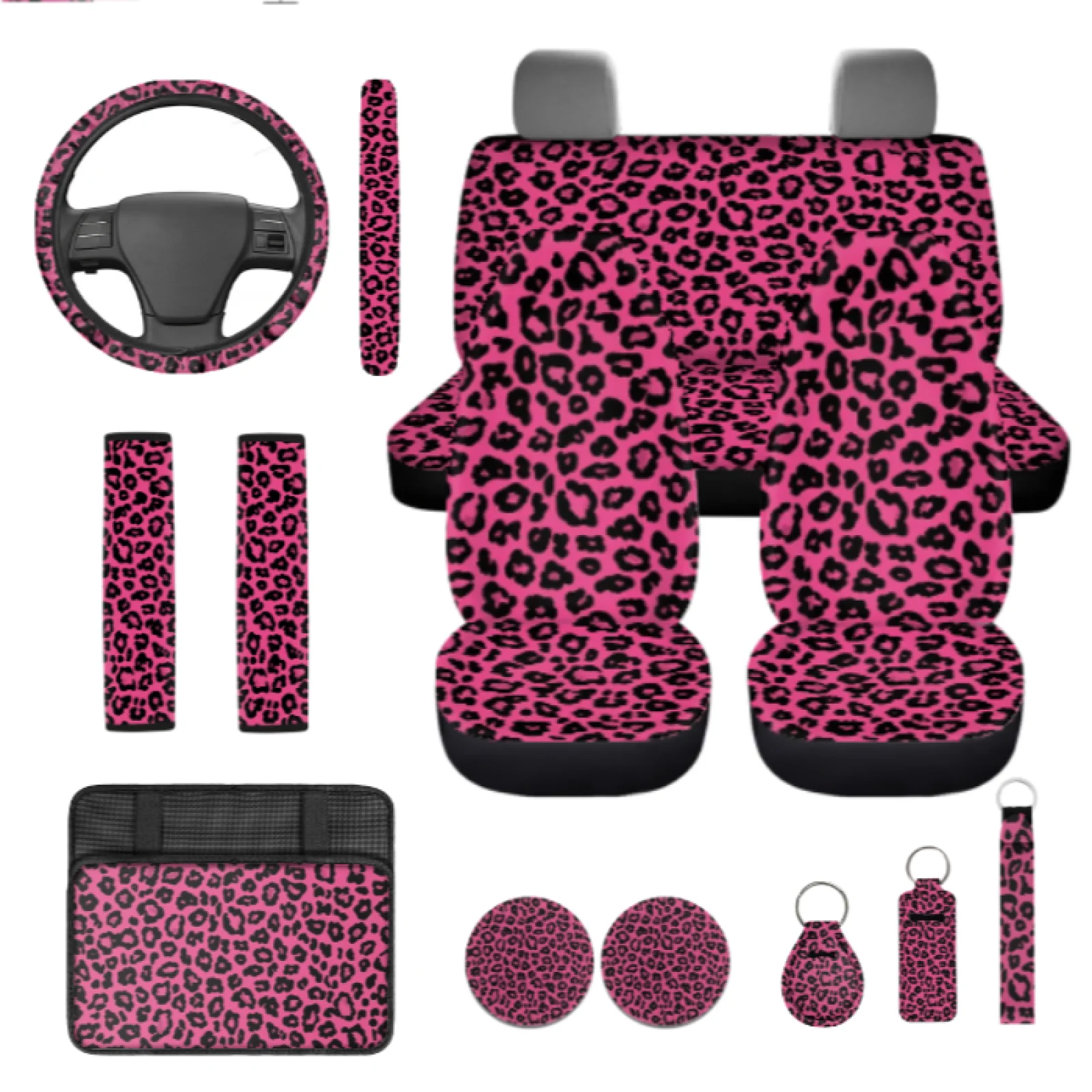 Coloranimal Leopard Print 13 PCS Car Seat Cover Set with Long Lasting Steering Wheel Cover and Car Armrest Cover for SUV