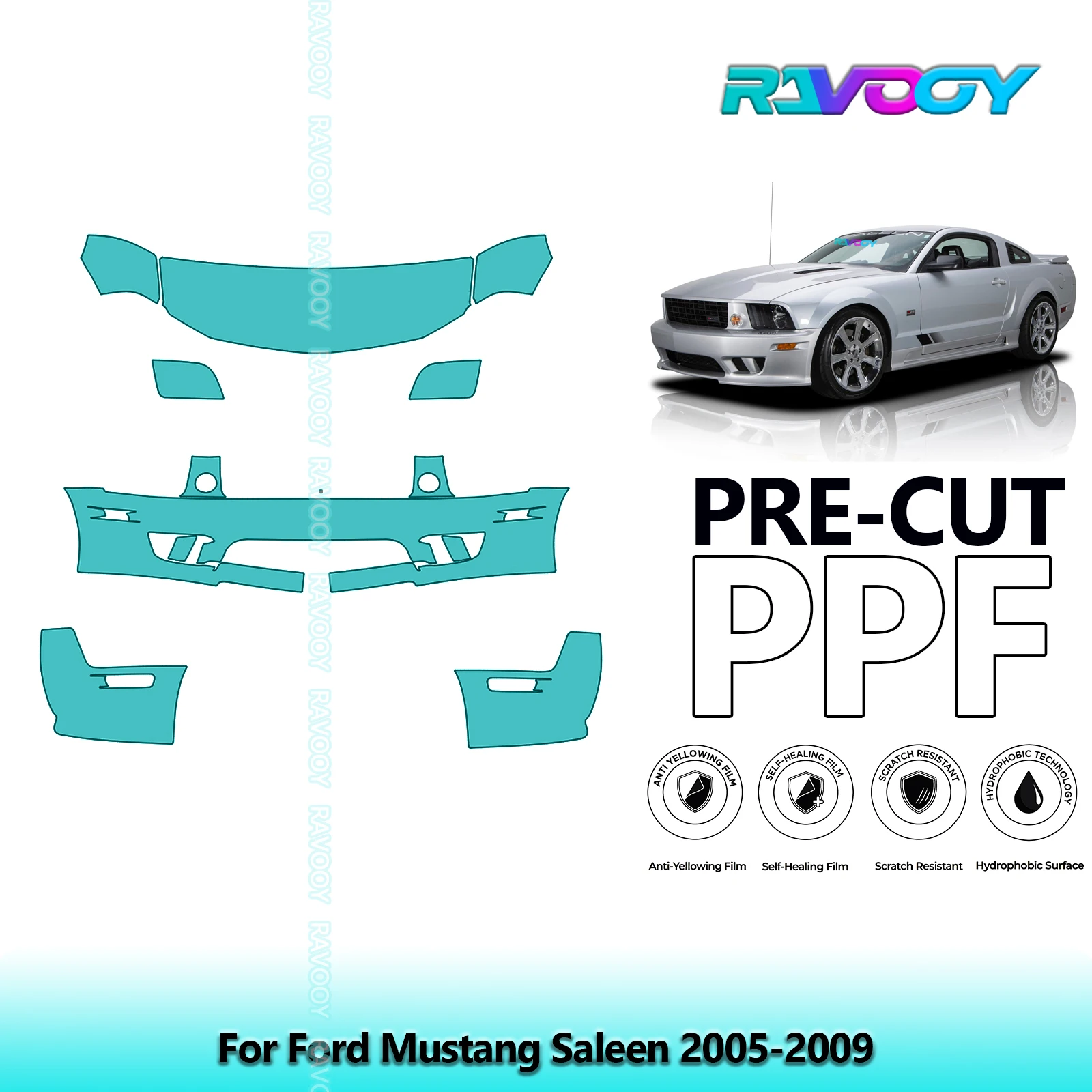 

8.5Mil Precut Paint Protection Film PPF Clear Bra Front Kit For Ford Mustang Saleen 2005-2009