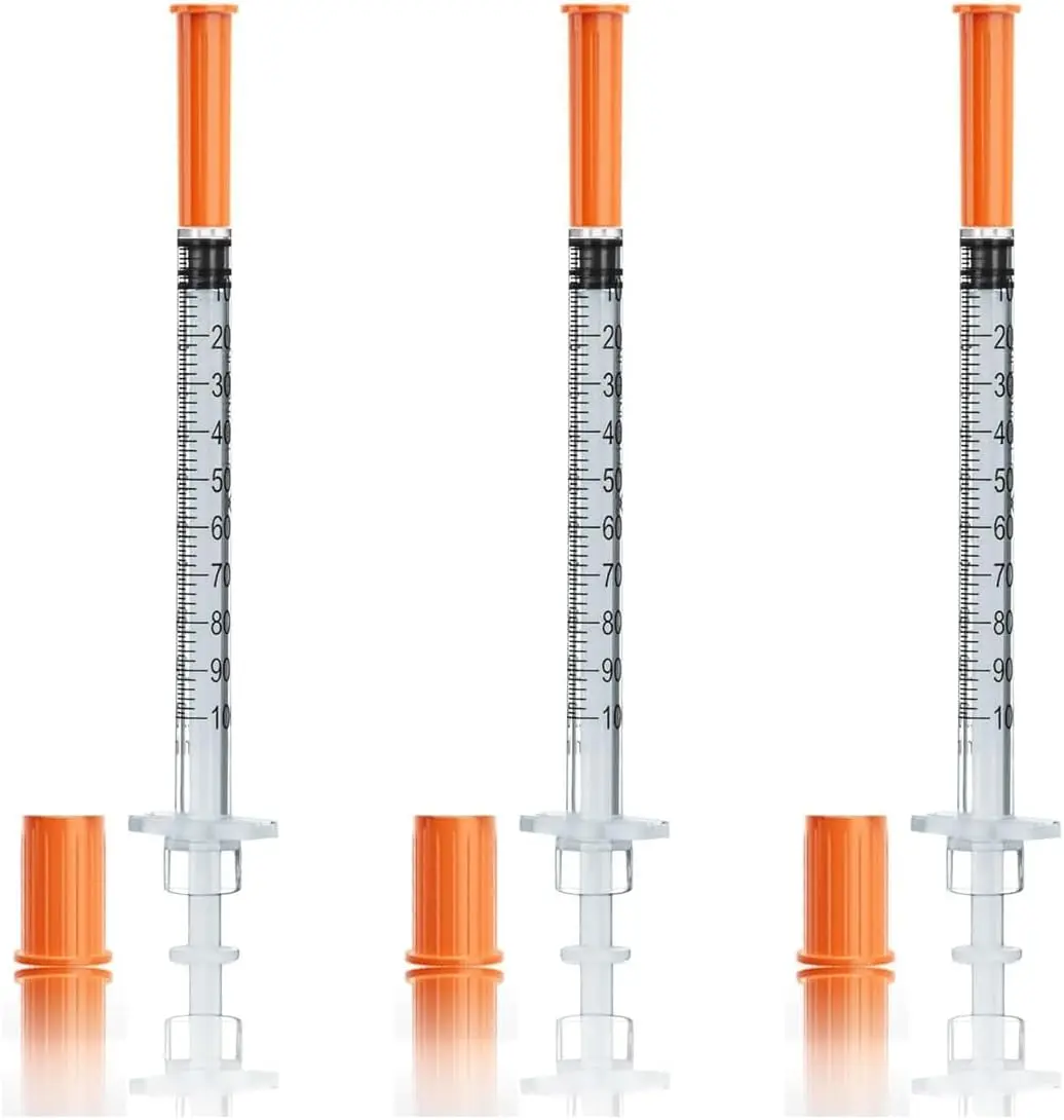Jeringa  insulina naranja estéril sechable, 100 Uds., 1ml/cc, con aguja  30G y 1/2 pulgadas, empaquetada individualmente p