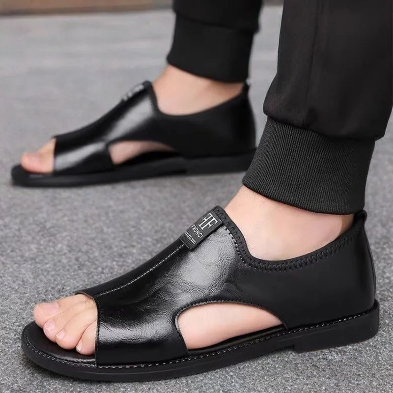 New Style Perforated, Breathable and Anti-Slip Outerwear Casual Leather Slip-On Sandals for Men Size 48 Large Size