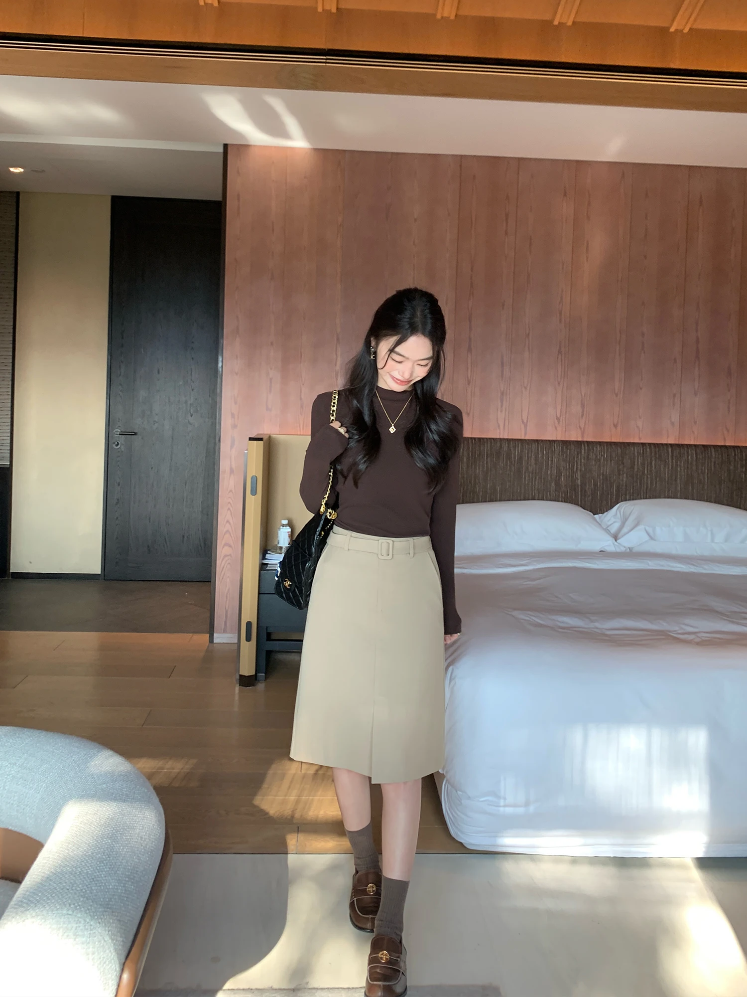 

Элегантная женская юбка А-силуэта с высокой талией и поясом, из шерстяной ткани, повседневная, из полиэфирного волокна, стандартного кроя