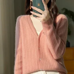 Cárdigan de lana con cuello en V para Mujer, suéter de manga larga, Tops de punto, moda coreana, prendas de vestir exteriores, ganchillo, ropa de primavera, nuevo