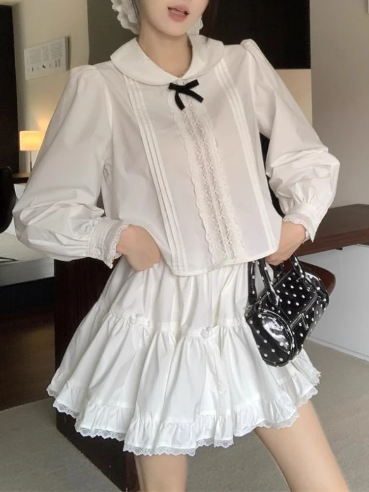 

French Elegant Sweet Preppy Style 2-pieces Set Women's Lace Bow Doll Collar Long Sleeves Shirts + Hight Waist A Line Tutu Skirt