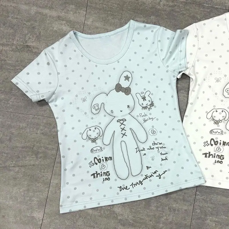 HOUZHOU Kawaii Blue Print Graphic T-Shirts Women White Sweet Vintage Polka Dot Short Sleeve Tees Y2k Aesthetic Japanese Fashion