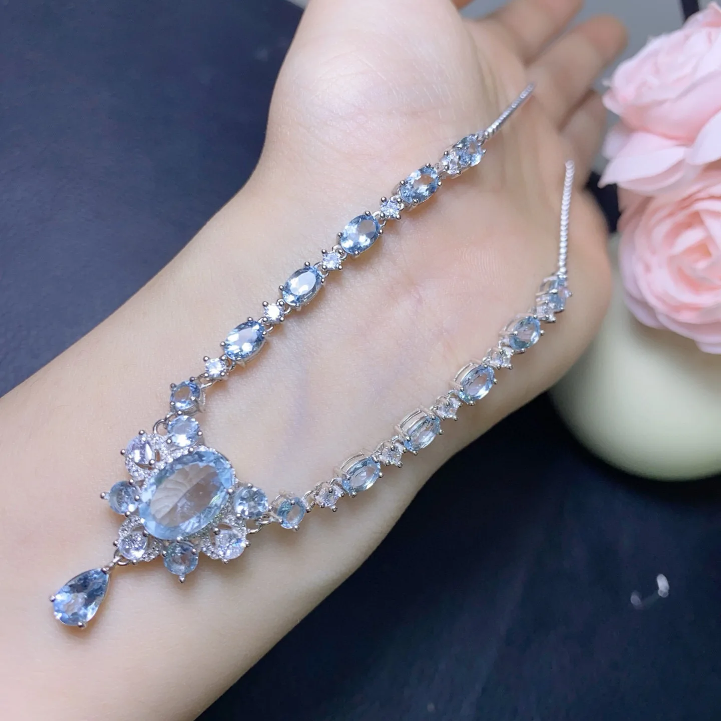 S925 Silver Natural Aquamarine Necklace, Clean Crystals 8x12mm & 4x6mm & 4mm, Ocean Gemstone Jewelry Gift for Women