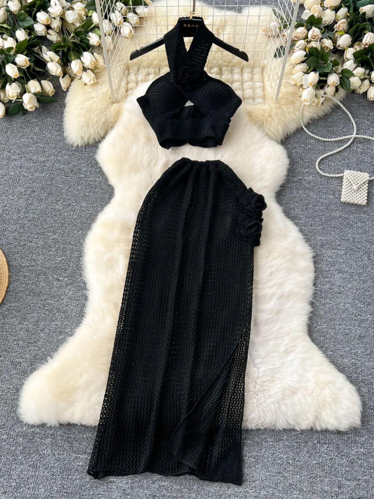 

Pure Desire Summer Knitted Set Women's Sexy Hollow out Ne Bal Vest High Waist Split Skirt Faion Ensemble