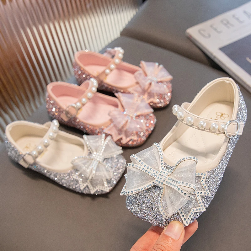 Girls Mary Jane for Party Wedding Shows Children Spring Shallow Kids Fashion Rhinestones Bow Beautiful Princess Flats 2023 New