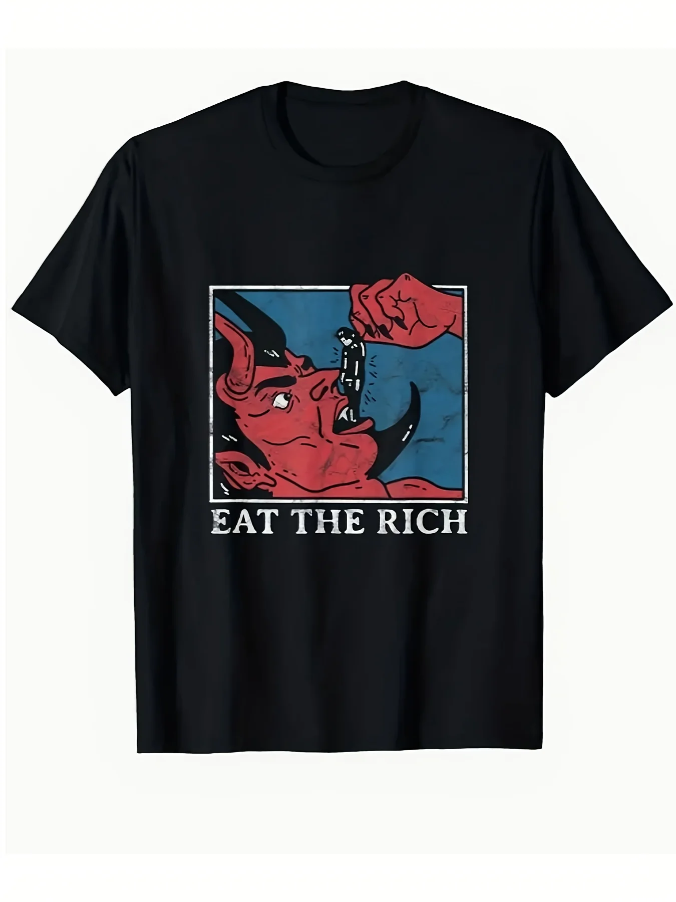 

Мужская винтажная футболка с рисунком в стиле панк-рок — жирный дизайн «EAT THE RICH» с изображением красного дьявола и синего цвета, 100% хлопок 200GSM,