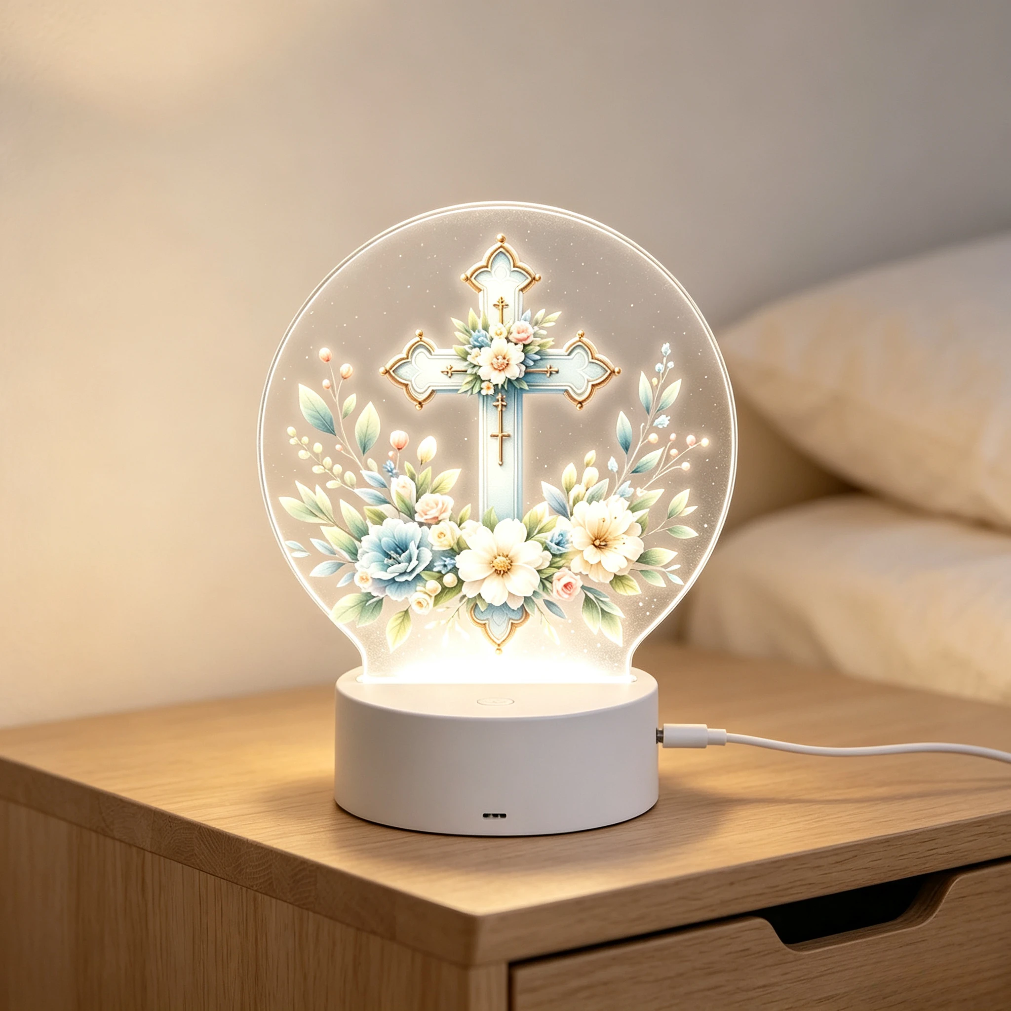 Watercolor Flower Ornate Cross Acrylic LED USB Bedside Atmosphere Lamp,USB Charging Vintage Flower Cross Design Acrylic 3D Desktop Night Lamp