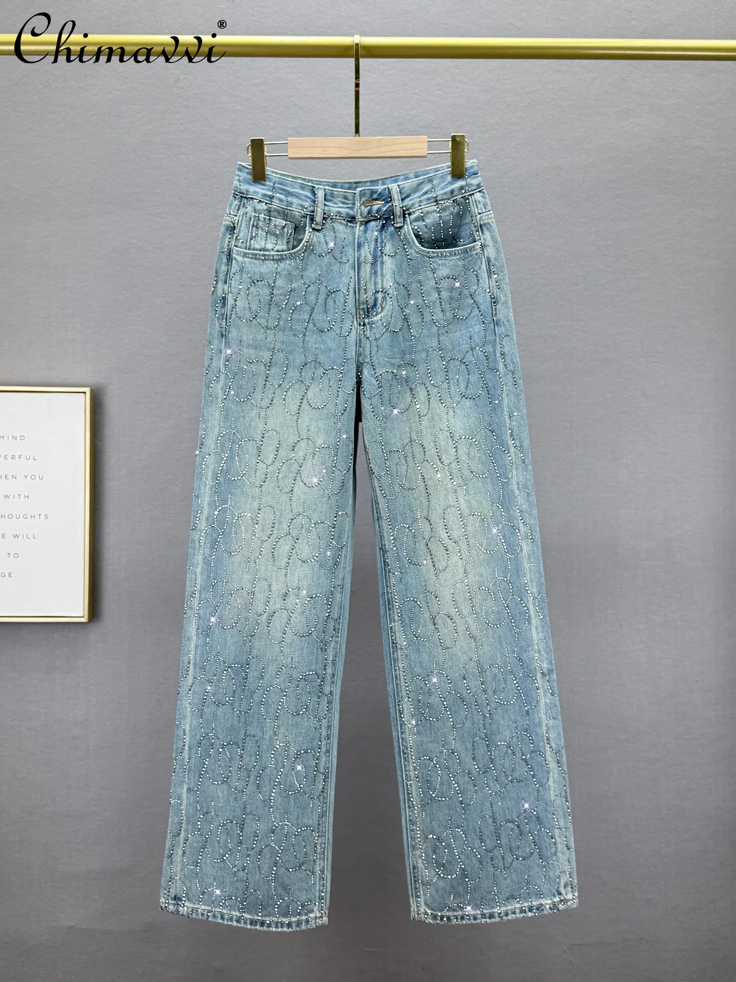 

Heavy Rhinestone Denim Wide-leg Pants Women Spring Fashion High-waisted Loose Slim European Style Floor-length Extended Pants