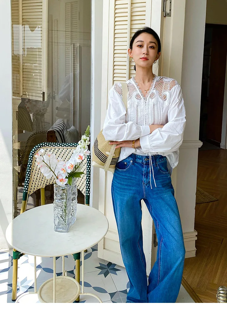 شبكة الدانتيل شيك الجوف خارج بلوزة قميص المرأة الخريف ملابس علوية بأكمام طويلة للربيع 100% القطن الأبيض فضفاض عطلة عادية مثير السيدات بلايز