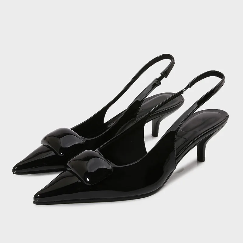 

Luxury Designer Patent Leather Pointed Toe Heels Sandals Women Summer Fashion Brand Square Buckle Design Slingbacks High Heels