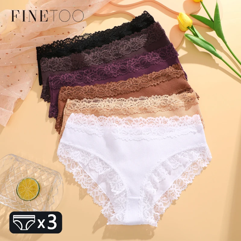 3Pcs Cotton Ribbed Striped Underwear for Women Sexy Lace Floral Panties Comfortable Low-Waist Briefs Female Solid Soft Lingerie