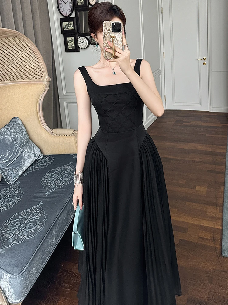 Women Vacation Clothes Black Sexy Sling Slim Pleated Maxi Long Dress Elegant Fashion Evening Party Club Prom Vestidos Robe New
