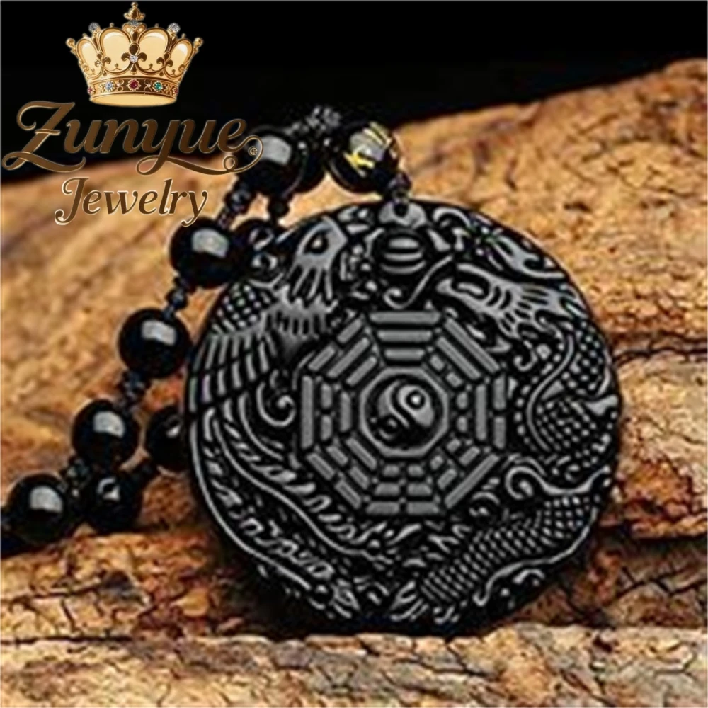 Obsidian Dragon And Phoenix Auspicious Necklace, Single-Sided Bagua Pendant For Good Fortune, Fashionable Pendant Ensure Safety
