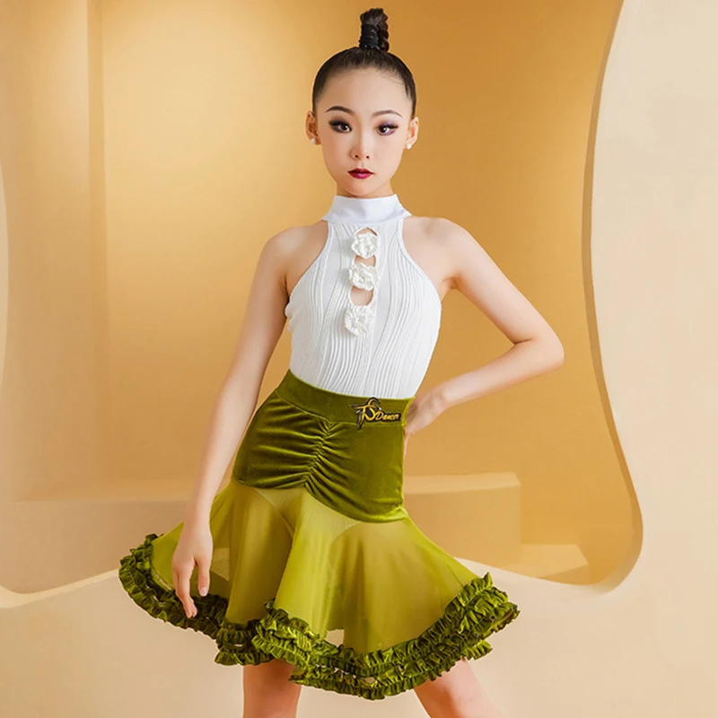 Kids Girls Sleeveless Practice Outfit Latin Dance Performance Suits Dancewear Competition Bodysuit Ruffles Big Swing Skirts