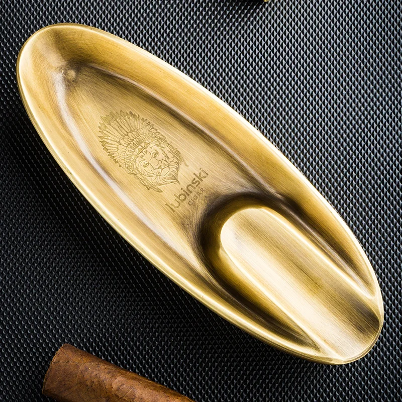 

LUBINSKI Cigar Ashtray Boat Shape Brass Single Cigar Holder Cigars Ashtrays Travel Ash Slot Tobacco Cigarette Ashtray Gift Box