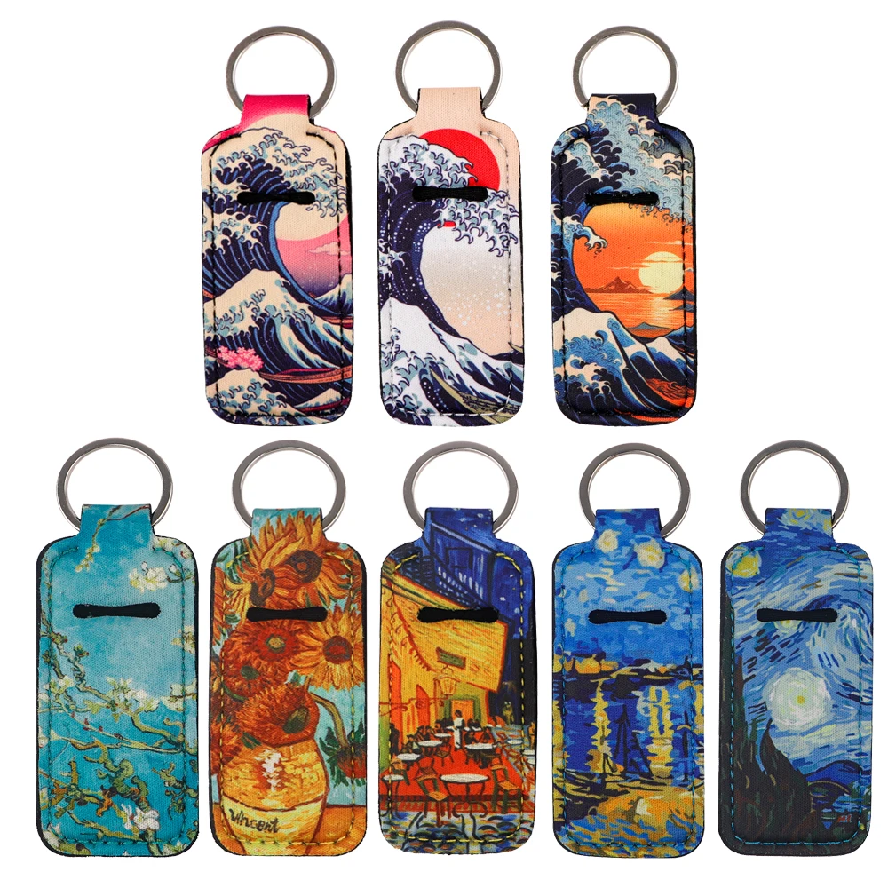 Van Gogh's Oil Paintings Lip Balm Holder Keychain Clip On Lipstick Sleeve Holder Bag Charms Travel Accessories Women's Key Rings