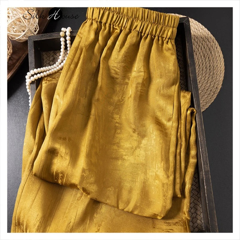 سراويل مستقيمة جديدة لخريف 2025 للسيدات باللون الأصفر والزنجبيل 100% من حرير التوت الطبيعي والجاكار والساتان متعددة الاستخدامات وصديقة للبشرة