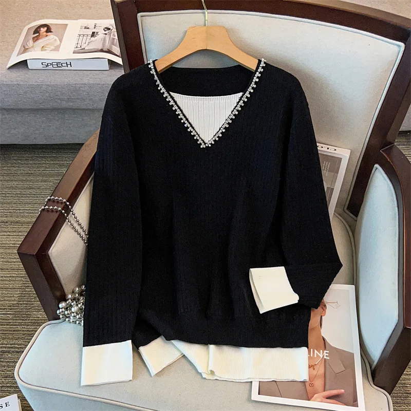 170Kg Plus Size Women's Bust 160 Spring Autumn Diamond Round Neck Knitted Contrasting Sweater Black 4XL 5XL 6XL 7XL 8XL 9XL