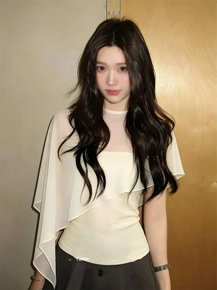 Elegant Summer New Irregular Design Vest Mesh Shoulder Shawl Top Classy Feel Women's Fashion Korean Style Commute Wind