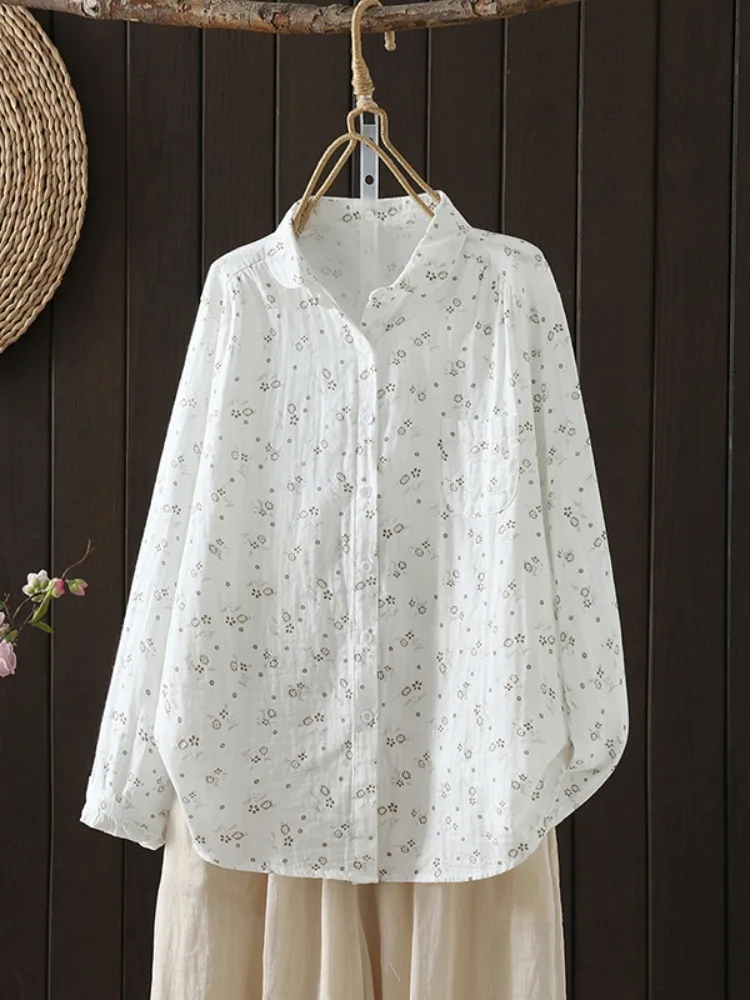 

Retro Sle Cotton Floral Print Long Sve Women's irt Spring Autumn Slimming Large Size Pure Cotton Collared Top
