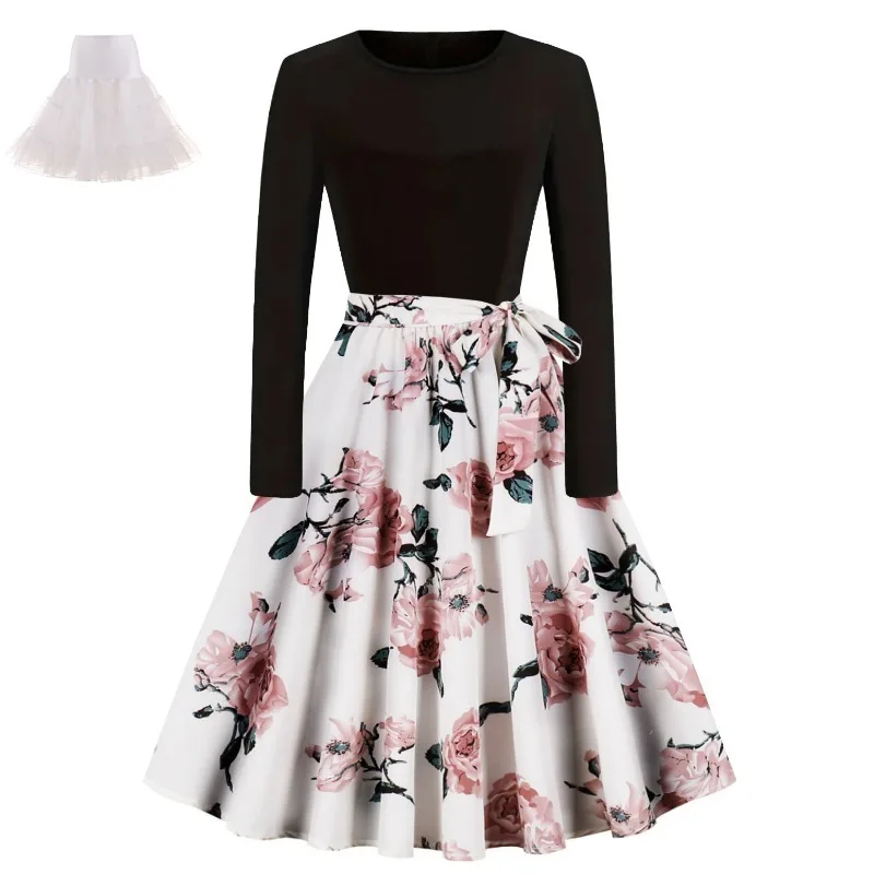 Nice Women O Neck Long Sleeved Patchwork Print Hepburn Dress with white tutu skirt Spring Autumn Party Evening Cocktail Dresses