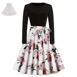 Nice Women O Neck Long Sleeved Patchwork Print Hepburn Dress with white tutu skirt Spring Autumn Party Evening Cocktail Dresses