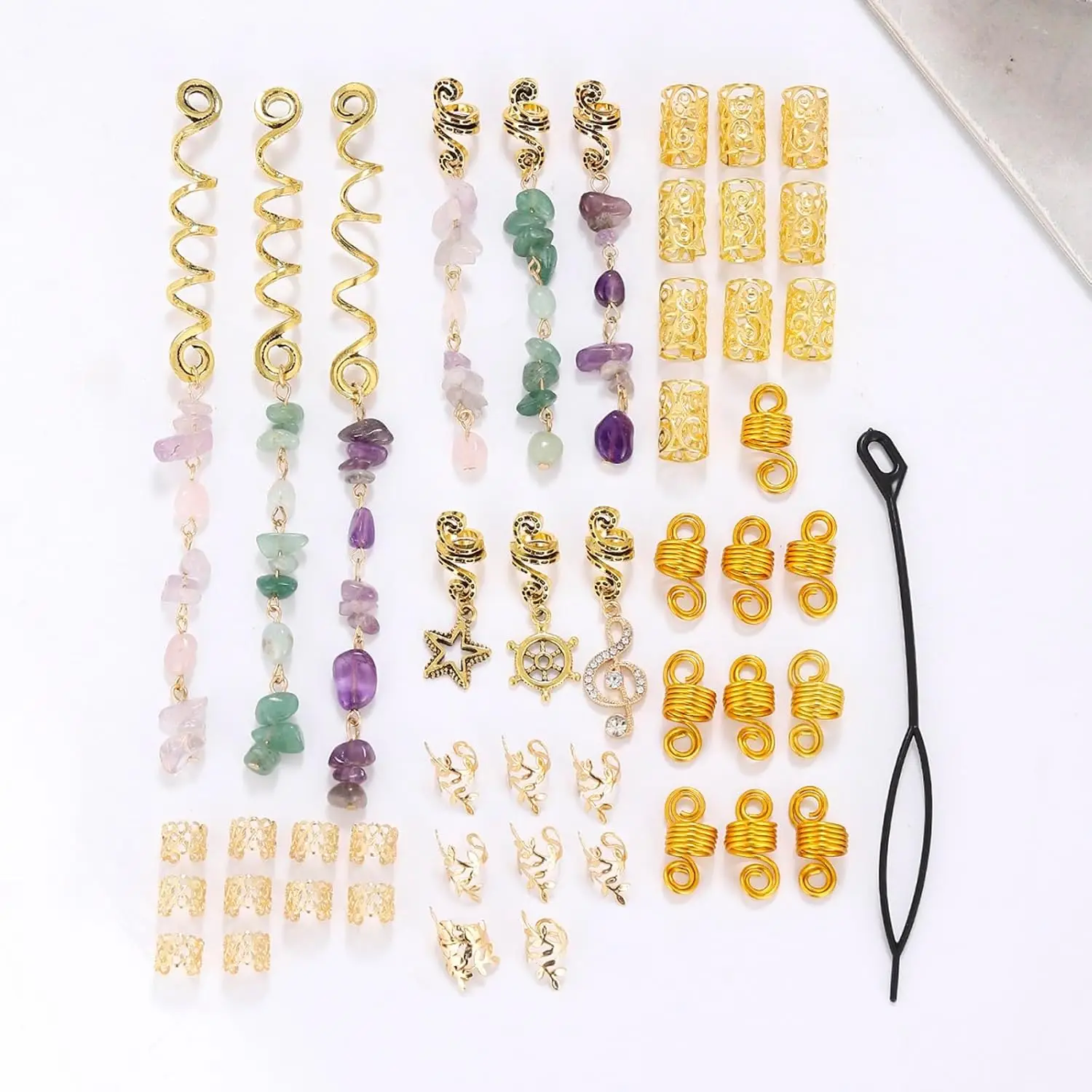 50pcs/Lot Aksesoris Dreadlock Manik-manik Batu Klip Berwarna Emas Logam Cincin Hiasan Gaya Rambut