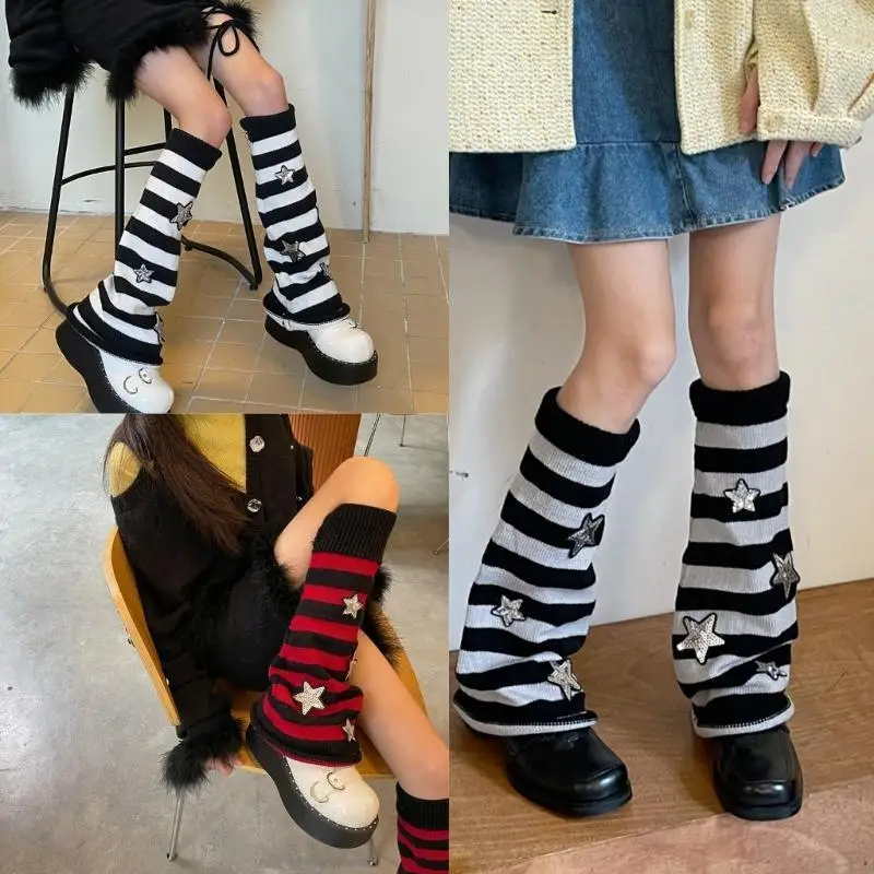 L5YC Women Knitted Leg Warmers Harajuku Warm Foot Cover-Star Striped Leg Warmers