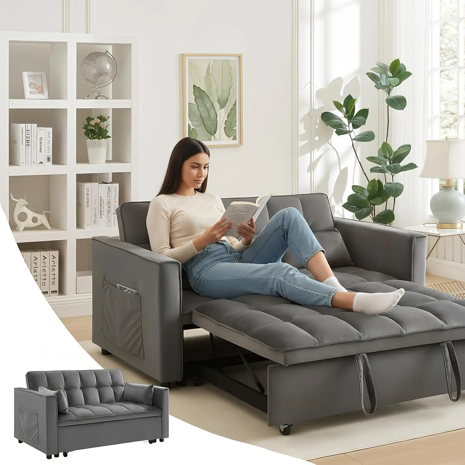 

53-дюймовый раскладной диван-кровать, современная бархатная ткань, регулируемая спинка, карманы для хранения и 2 подушки, выдвижная 3-в-1