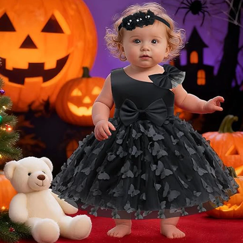 

Baby Halloween Princess Dress With Hairband Toddler Black Gothic Flower Mesh Infant Dress Gown Wedding 1st Birthday Party Dress