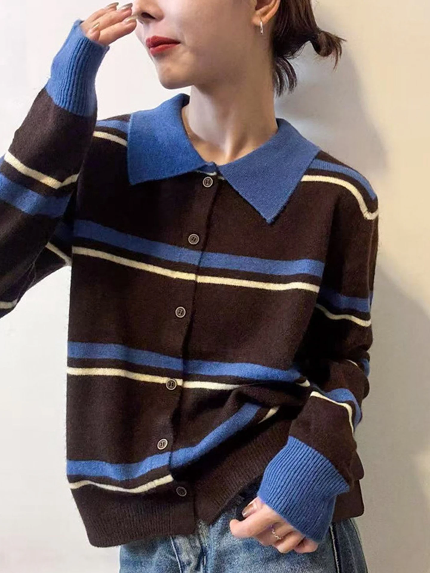 Pull Long tricoté rétro pour femme, Cardigan amincissant à bouton unique, haut d'automne, couleur Blo rayé