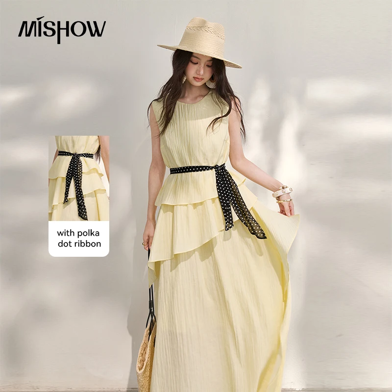 Robe longue décontractée jaune à pois MISHOW pour femme, sans manches, à volants étagés, avec ceinture à nouer à la taille, collection été 2026 MXF29L2742