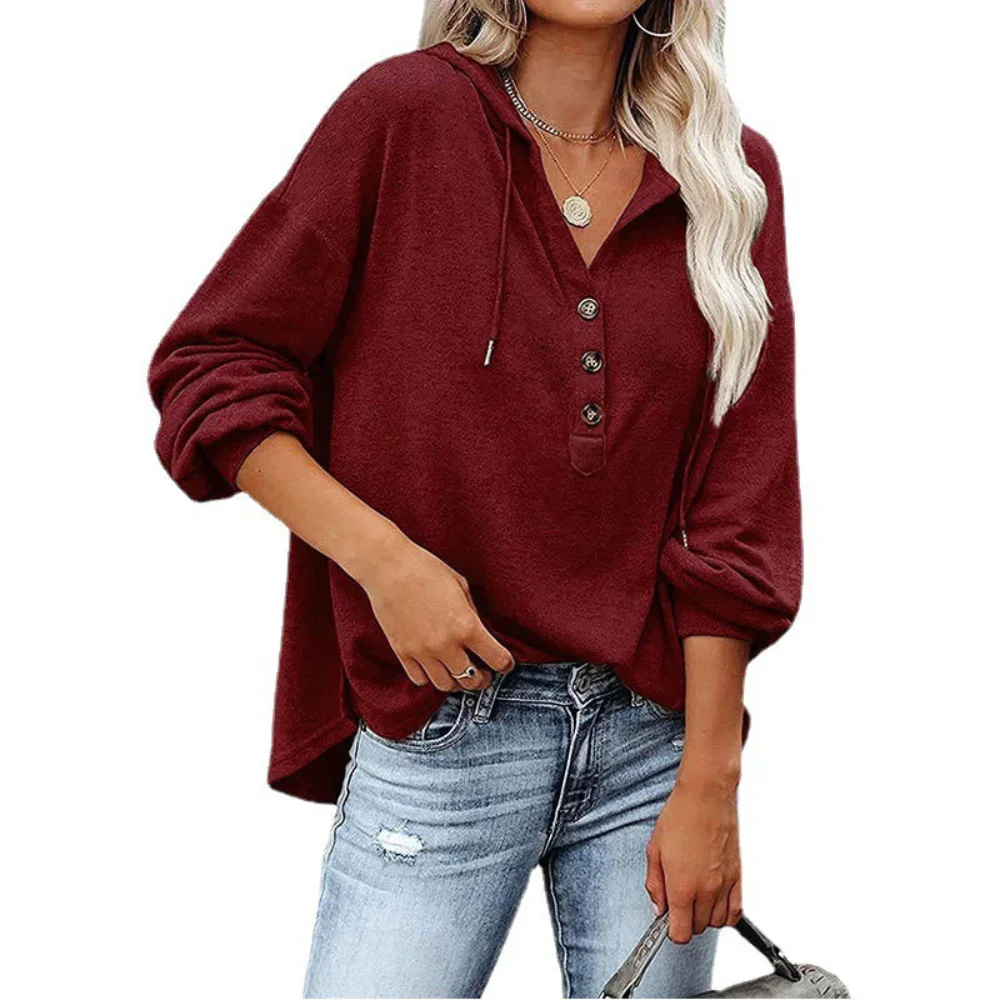 Autumn New V-Neck Long Sleeve Loose Casual Women\'s Hoodie with Drawstring Sports Sweatshirt Comfortable Leisure Women\'s Top