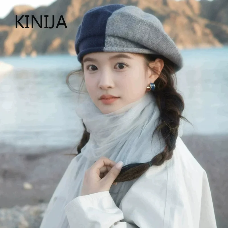 NEW Japanese Personalized Three-color Splicing Knitted Large Beret Women Autumn Winter Warm Literary Retro Octagonal Pumpkin Hat