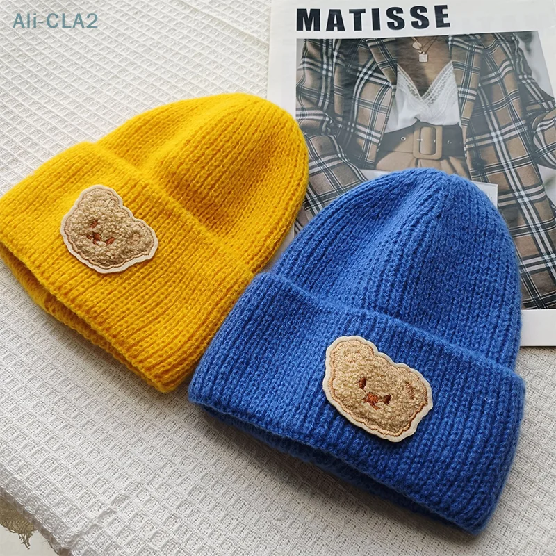 Cute Cartoon Bear Soft Warm Baby Beanies Knitted Hats For Toddler Children Embroidery Fall Winter Cap Girls Boys Crochet Hats image 2
