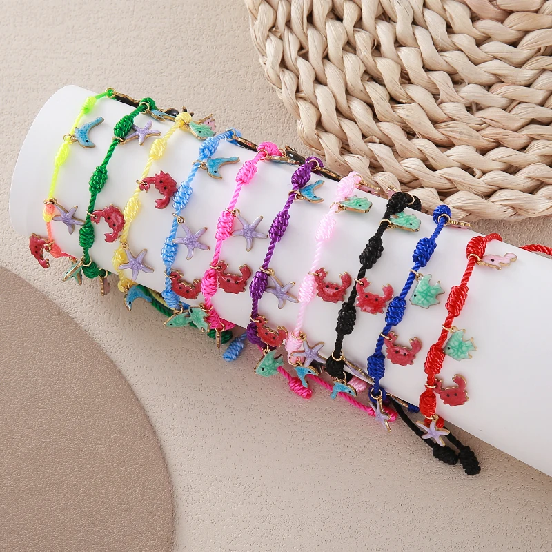 

Handmade Rope Braided Colorful Enamel Marine Organism Bracelet Seahorse Crab Fish Charms Pendant Adjustable Hand Chain Jewelry