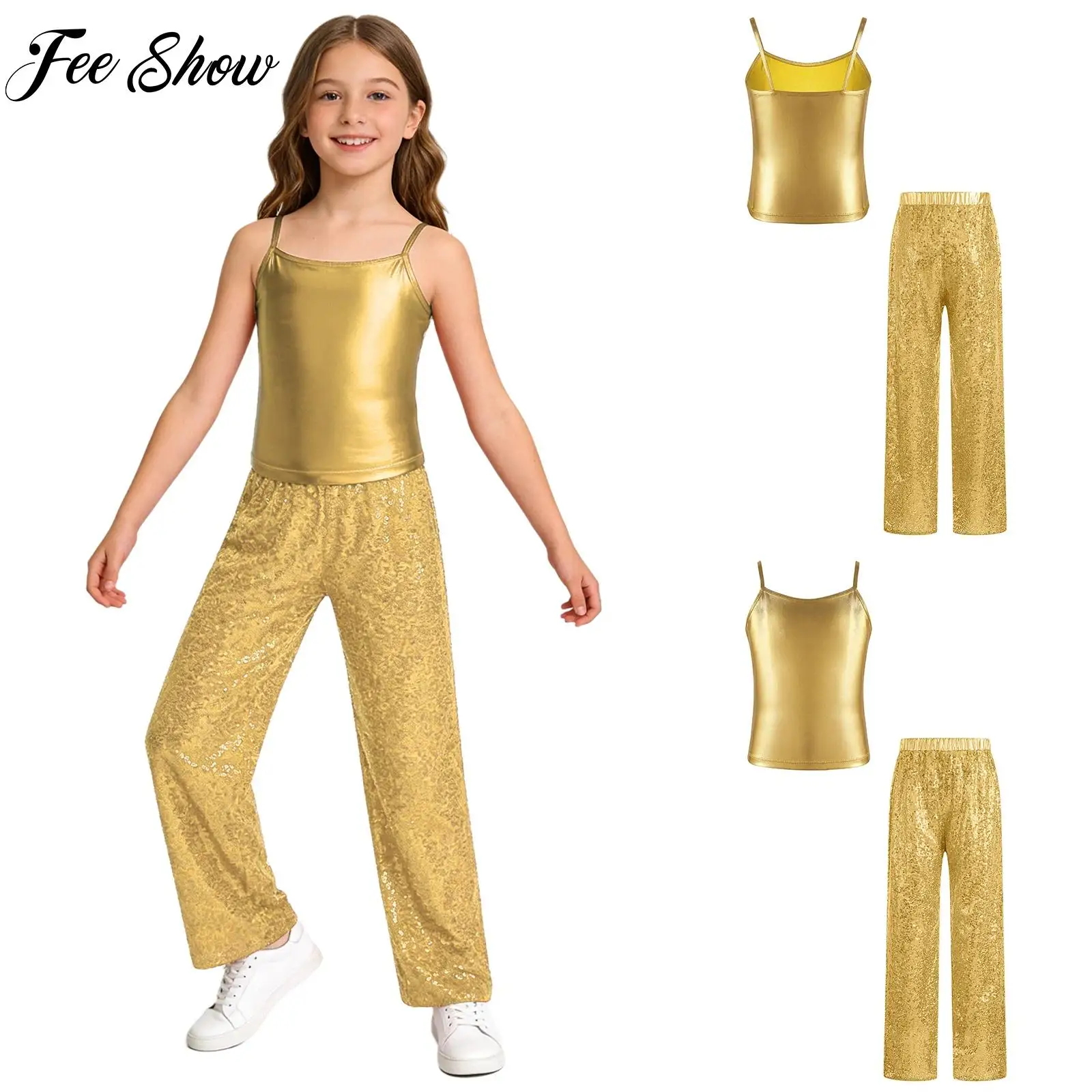 

Kids Girls Street Modern Jazz Dance Cheerleader Set Costume Performance Outfit Metallic Shiny Camisole with Sparkly Sequin Pants
