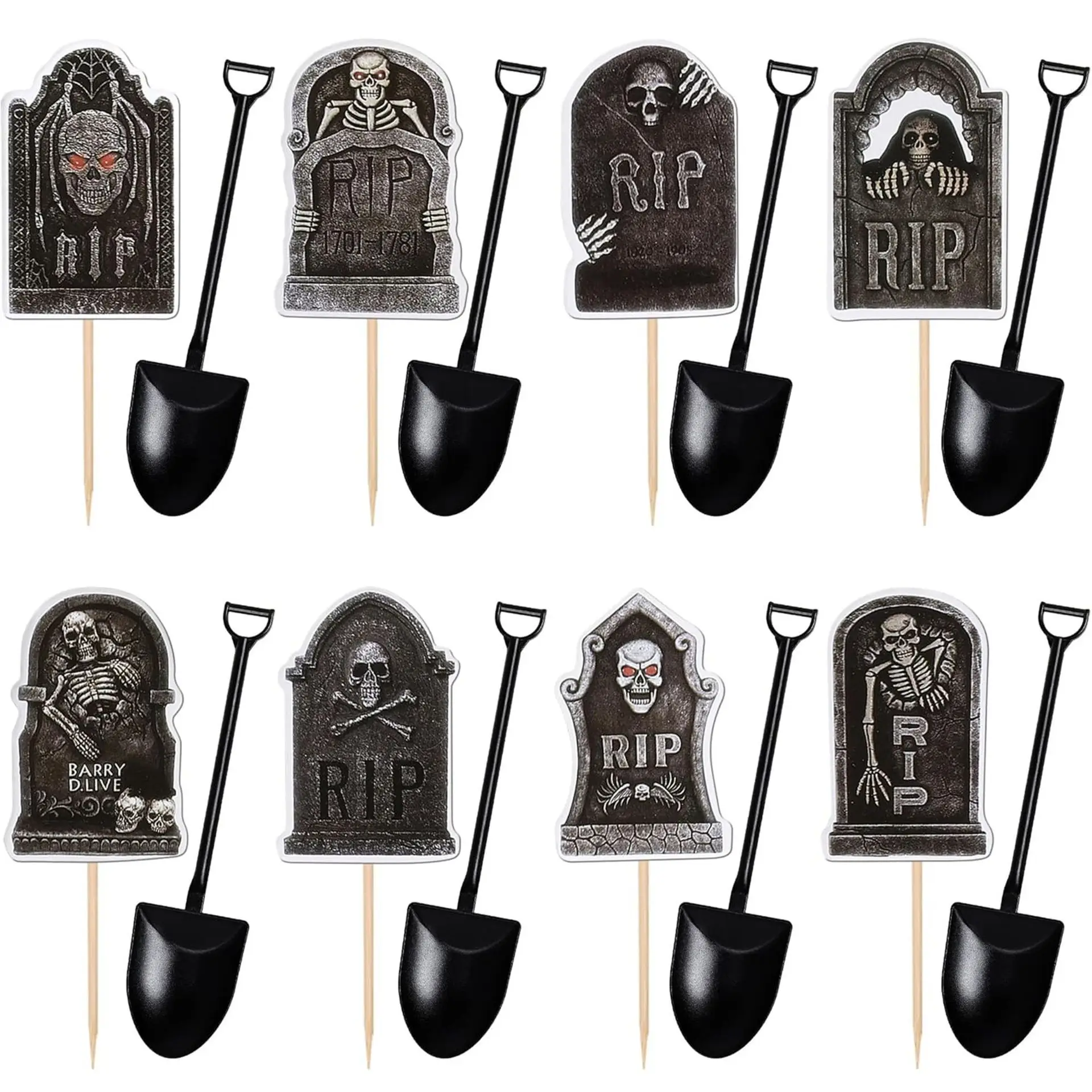 

Halloween Cupcake Toppers Tombstone Cupcake Picks and Mini Shovel Spoons Skeleton Cupcake Decorations for Halloween Birthday