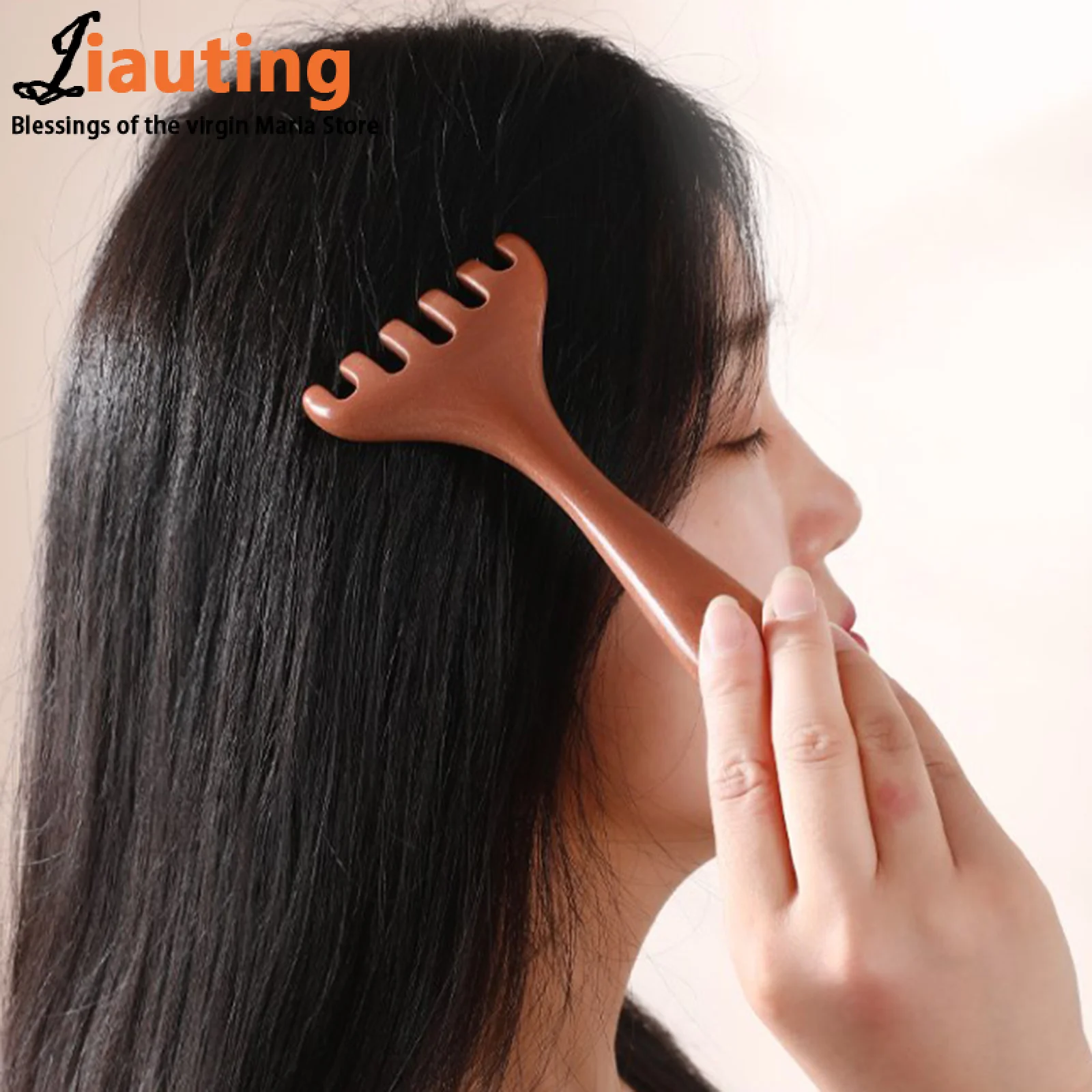 1PC Imitation Sandalwood Six-tooth Long Handle Body Massage Comb Multi-functional Meridian Massage Neck Scalp Facial Scraping