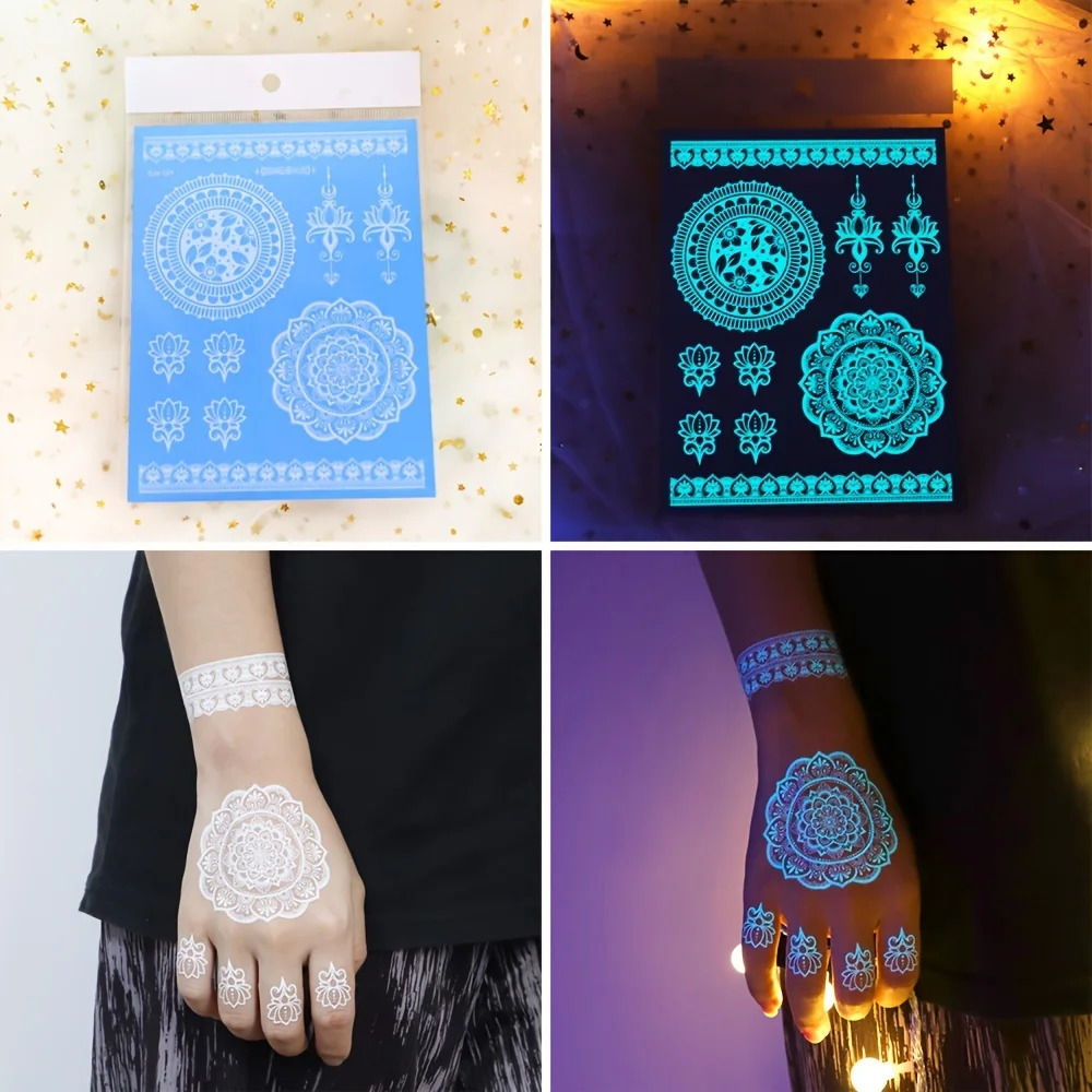 Blue Luminous Henna Tattoo Sticker Girls Tribal White Lace Lotus Tattoos Mandala Flower Fake Jewelry Pendant Temporary Tattoo