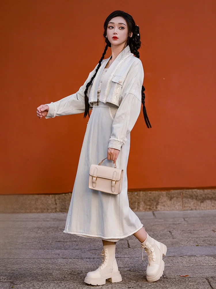 

Waed White Denim ort Jaet Hanfu Sle Daily Wear Women's Han Suit Small Size Dr Star Qing Original Design