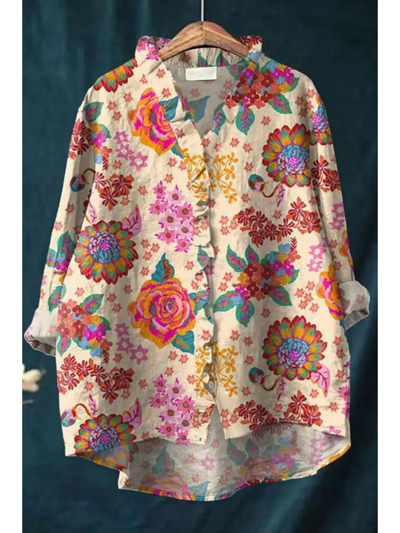 2026 women's long sleeved lace shirt with exquisite retro floral pattern design,Low style ruffle edge