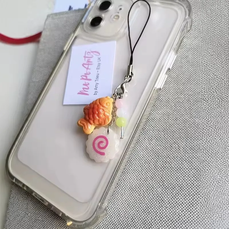 Kawaii اليابانية الشارع الغذاء Taiyaki Narutomaki الأسماك كعكة مطرز الهاتف سلسلة مفاتيح سحرية حقيبة الظهر تشافيرو مفتاح قلادة الهدايا