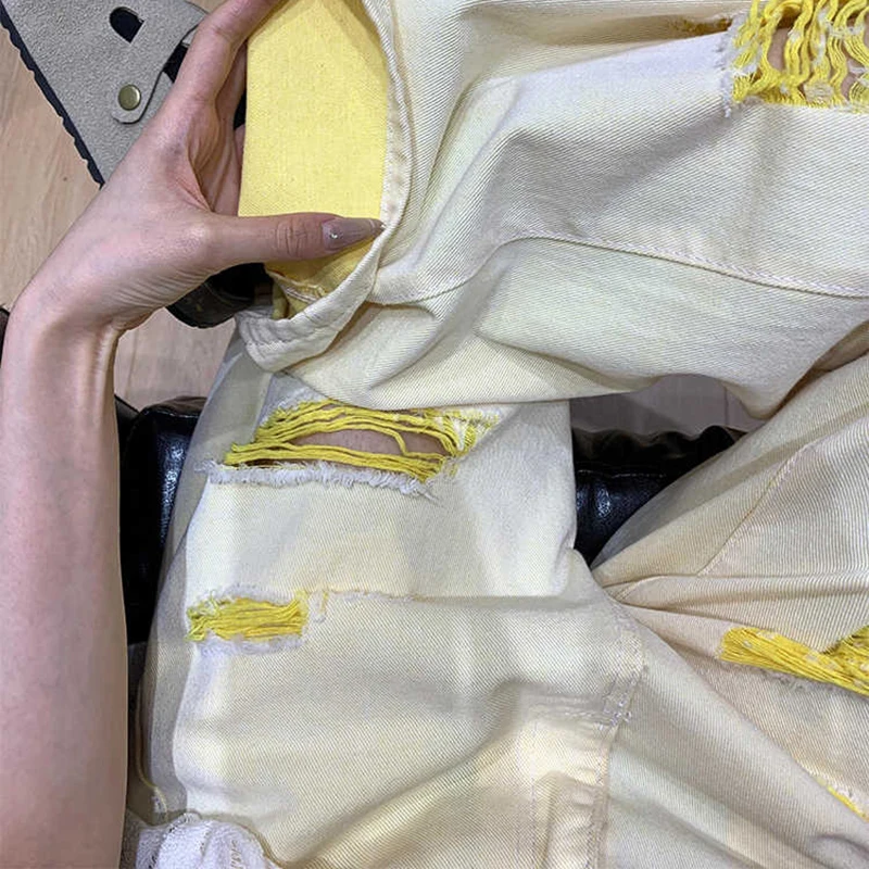 Vrouwen geel gat denim broek 2025, zomer nieuwe hoge taille rechte wijde pijpen jeans high street oversized jeans vrouwelijk