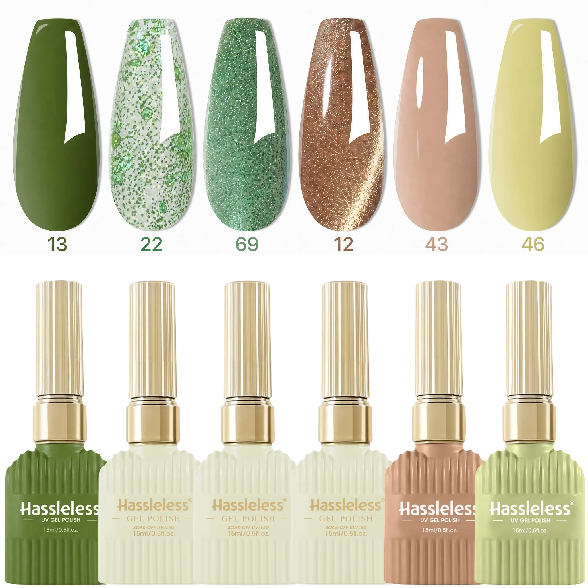 Hassleless 6Pcs Autumn and Winter Color Selection, Including Deep Olive Green, Colorful Green-Toned Large Glitter, Fine Shimmering Emerald Green, Vintage Bronze Gold Shimmer, Classic Milk Tea Nude, Gentle Creamy Yellow-Green; Nail Salon DIY Nail Art Spring and Summer All-Season Semi-Permanent Removable Phototherapy Nail Gel Set